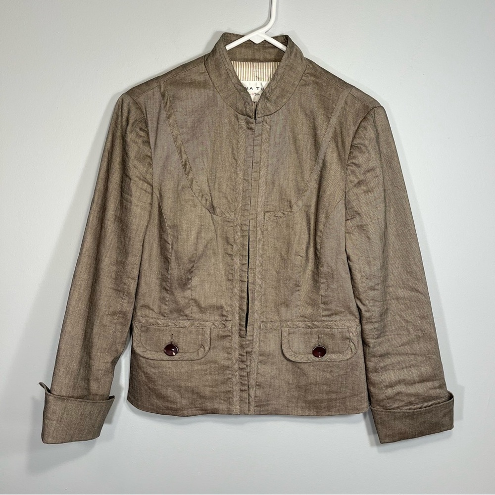 Trina Turk Blazer Jacket Womens M Gray Lined Linen Blend Hook and Eye Closure
